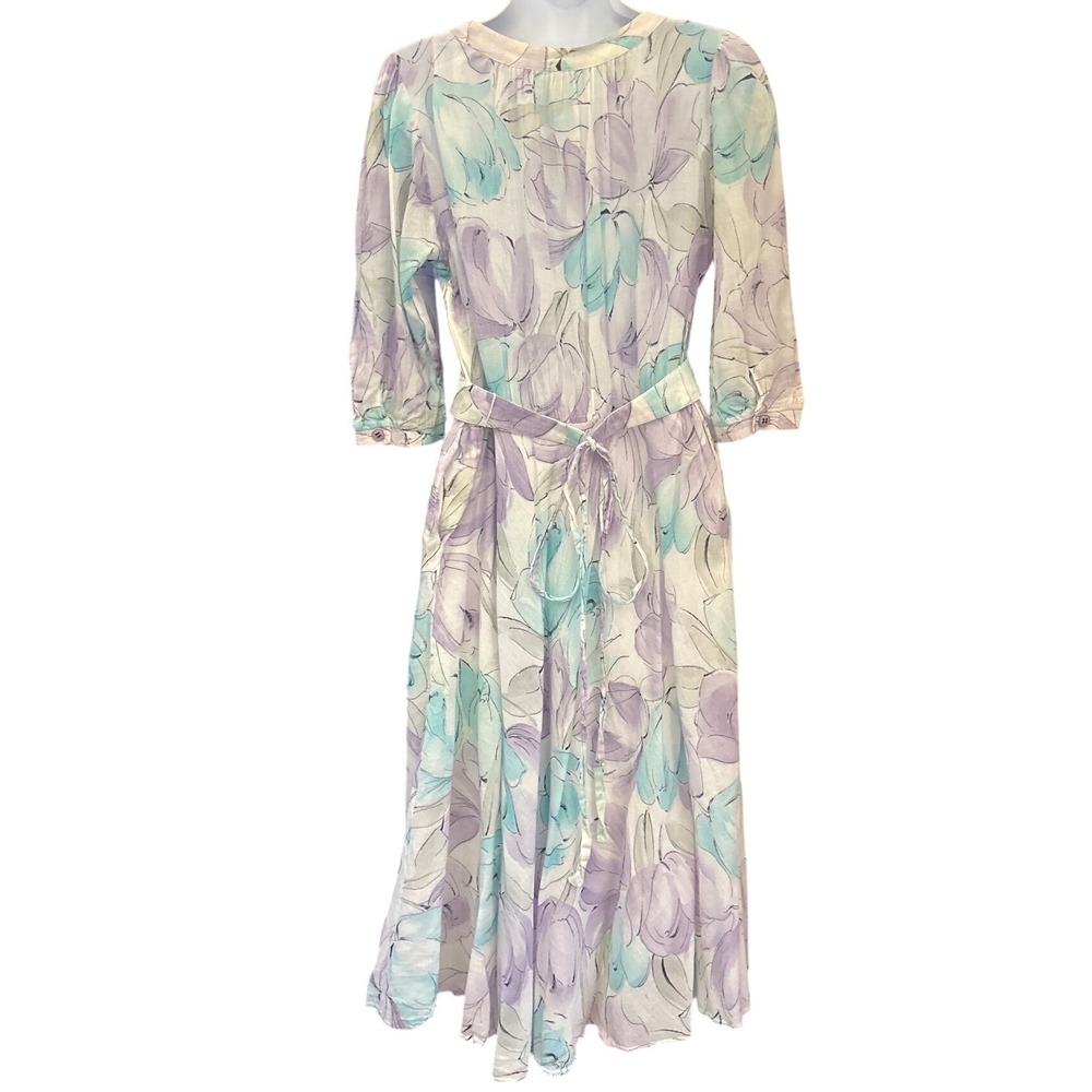 80s Peter Hahn Cotton Midi Dress Watercolor Floral Cottagecore Romantic Garden - Picture 3 of 6